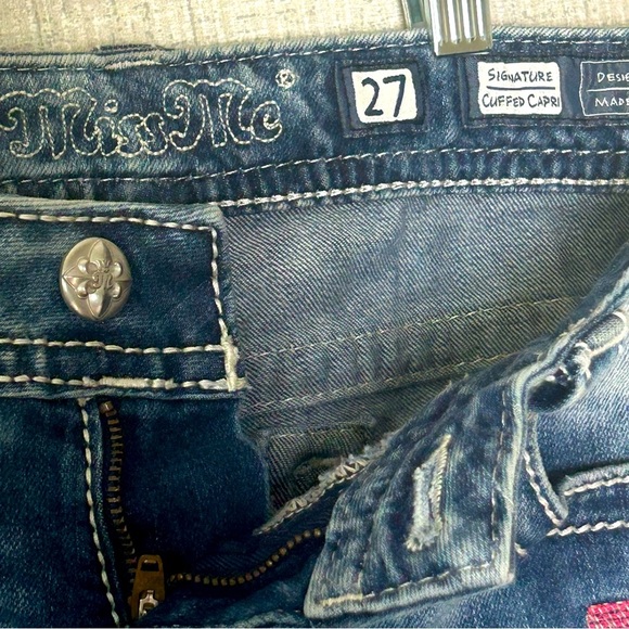Miss Me Embellished Bedazzled Cropped Capri Blue Jeans with Patchwork 27 - Picture 7 of 11